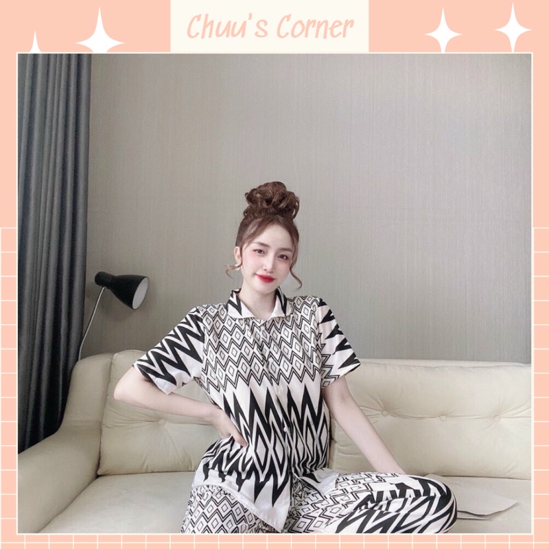 Đồ bộ ngủ nữ mặc nhà pijama vải lụa hàn mát mịn tay ngắn quần dài