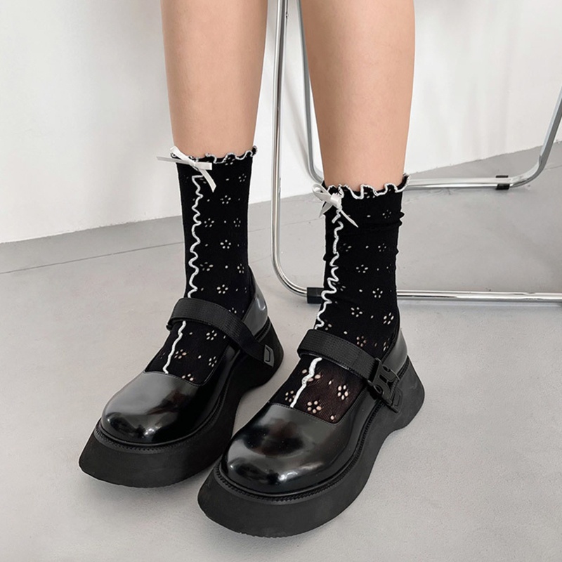 Xixi Vớ Ống Lửng Phối Bèo Và Nơ Họa Tiết Hoa Màu Tương Phản Phong Cách Lolita Ngọt Ngào Cho Nữ