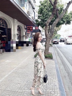 Váy maxi voan hoa trễ vai