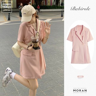 (ORDER) Váy MORAN tay phồng cổ Vest màu hồng xếp ly 1 nửa cài khuy bên eo style Hàn Quốc