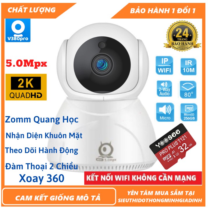 Camera Wifi V380Pro Q8  5.0Mpx - Chính Hãng Xoay 360° - Nhận Diện Khuôn Mặt - Xoay theo chuyển động [Bảo Hành 2 Năm]