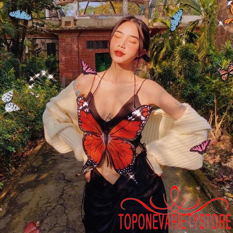 Áo nữ không tay cổ chữ V hở lưng phối họa tiết bướm thời trang
