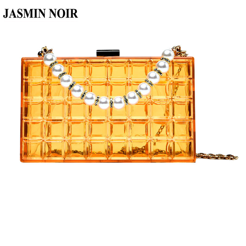 Túi vuông đeo chéo Jasmin Noir bằng acrylic với dây xỏ ngọc trai giả thời trang cho nữ