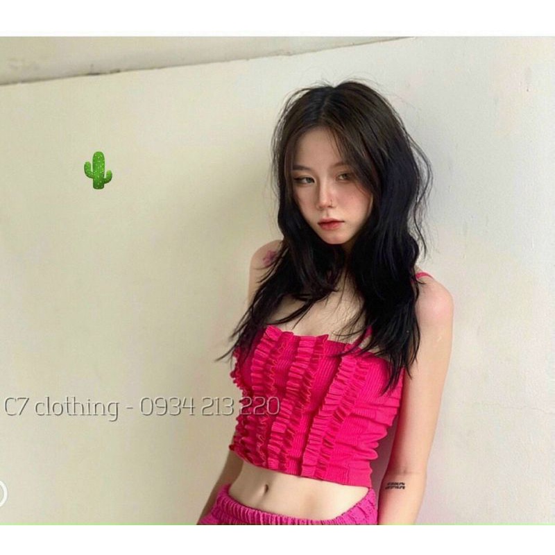Áo kiểu croptop hai dây nhún bèo