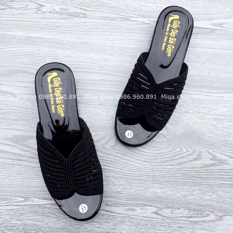 Dép trung niên cho mẹ cao 3p đính đá nhẹ êm chân gọn 3 phân