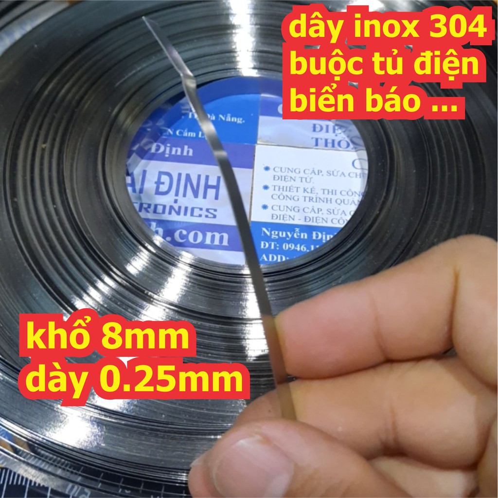 5 mét dây inox 304 dây buộc tủ điện, biển báo treo cột điện khổ 8mm dày 0.25mm (5 mét) kde6533