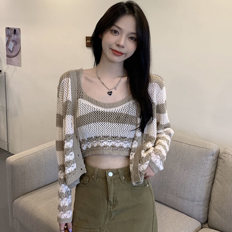 Set Áo Dây Dệt Kim Họa Tiết Kẻ Sọc Và Áo Khoác cardigan Thời Trang Nữ Tính