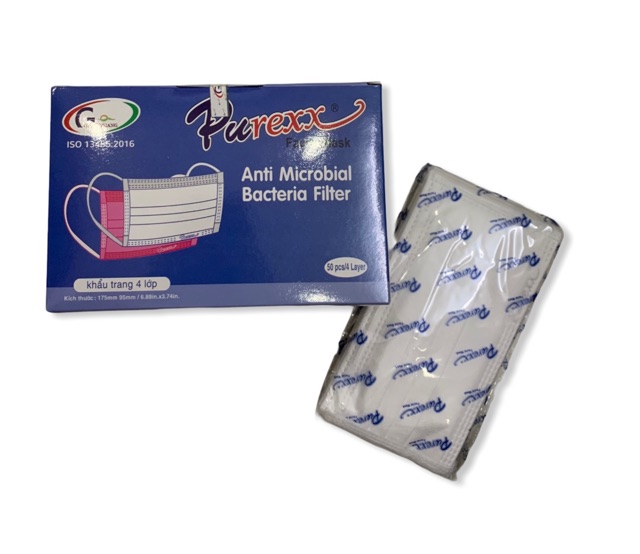 Khẩu trang y tế loại dày mịn 4 lớp kháng khuẩn Purexx - Vải không dệt, không xù lông, chống khói bụi, ngăn khuẩn