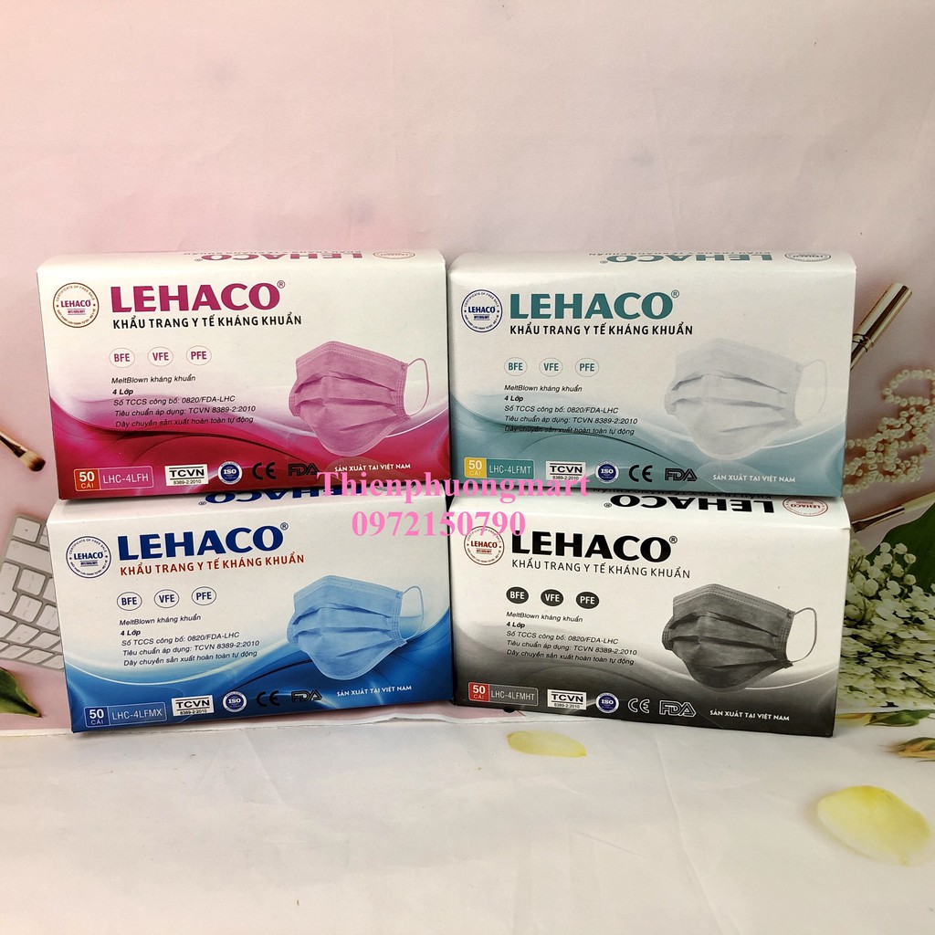 Khẩu trang Y tế Lehaco 4 lớp giấy kháng khuẩn Màu Xanh/ Hồng/ Trắng / Xám 4 lớp 50 cái/ hộp