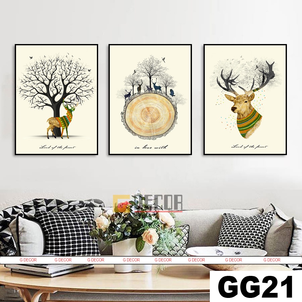 Tranh treo tường canvas khung gỗ 3 bức phong cách hiện đại Bắc Âu tranh hươu trang trí phòng khách phòng ngủ ăn spa 08
