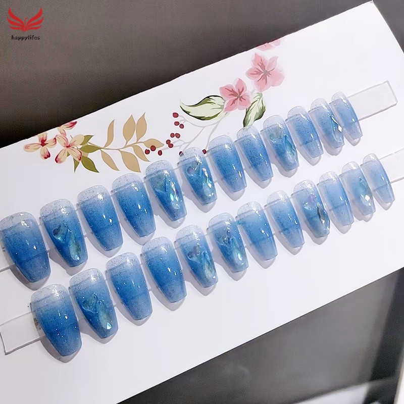 Bộ 24 Móng Tay Giả 3D Dáng Dài Màu Xanh Dương Bóng Trái Tim Dễ Xé Không Rách Phong Cách Pháp Cho Nữ
