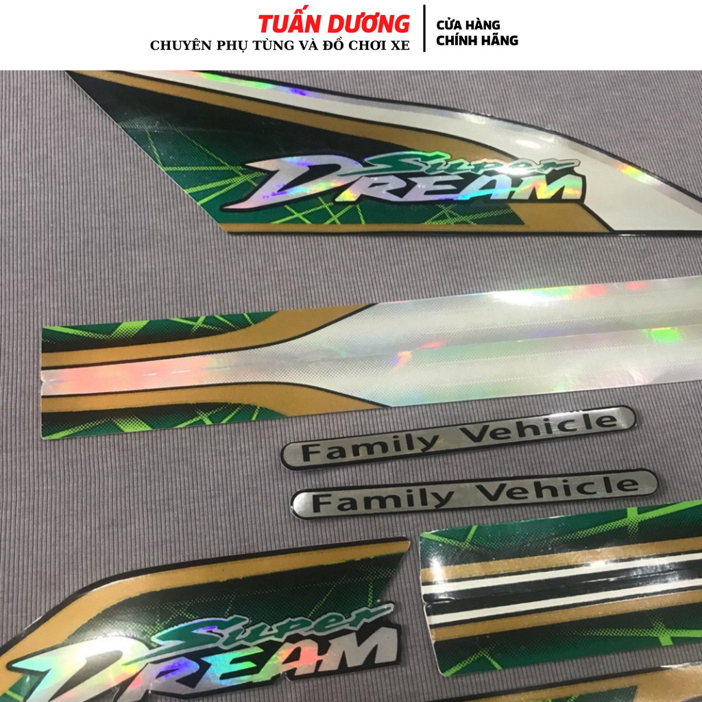 Trọn bộ tem rời dán xe máy Super Dream màu xanh lá cây, Tem hàng đẹp lắp được cả dream thái và dream việt các đời