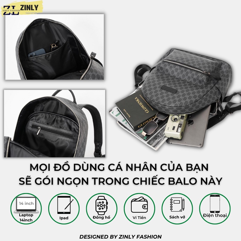 Balo da thời trang nam nữ ,Da PU Cao Cấp, Ba lô đựng Laptop -Chống thấm nước, Kiểu dáng trẻ trung, cá tính - Zinly