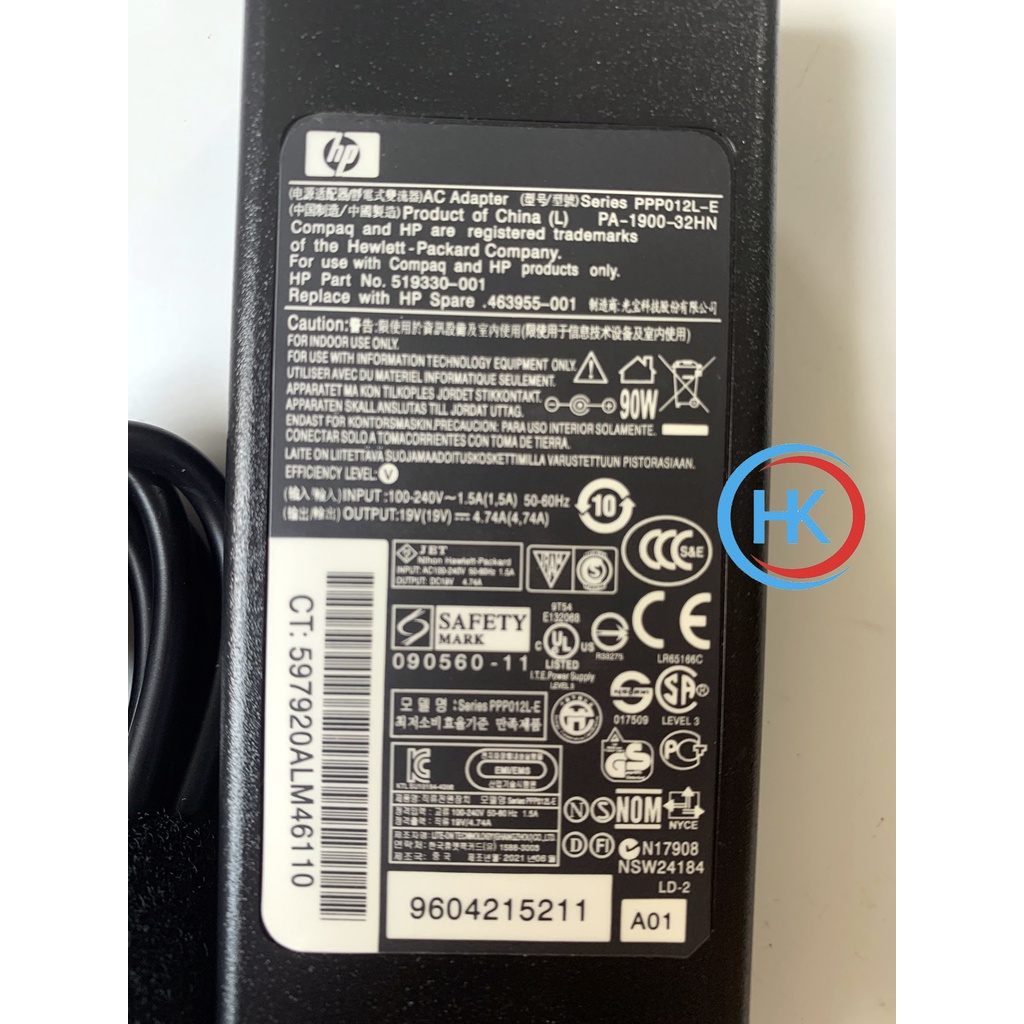 Sạc Laptop Hp 19V-4.74A 90W Đầu Kim Hp Dv4 Dv5 Dv6 2510p 2710p 6510 6530 6710 6910 8460 8560p 8570p 8470 8510 8710 Cq43
