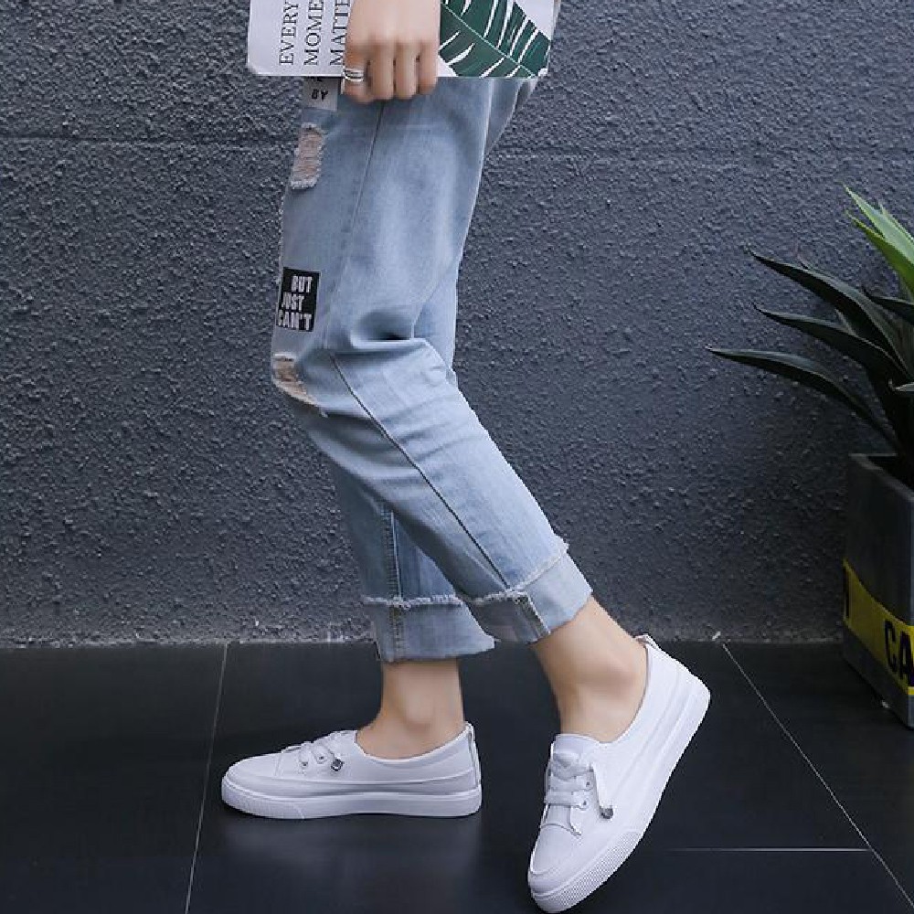 [ Có hình thật] Giày lười nữ màu trắng chất liệu da phối vải TTT01 | BigBuy360 - bigbuy360.vn