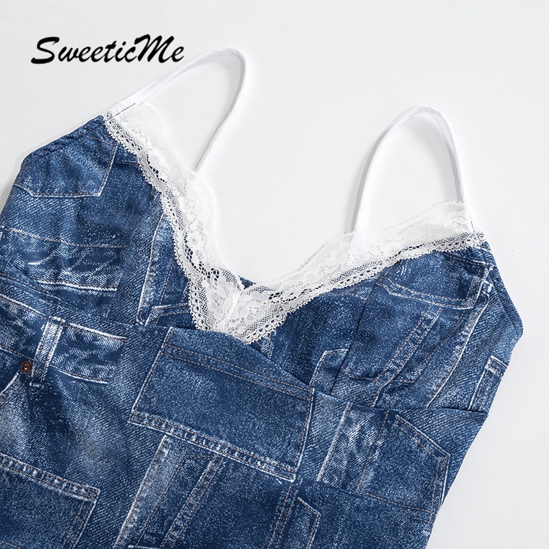 Set Đồ Lưng Thấp Chất Liệu Denim In Họa Tiết SweeticMe Cho Nữ