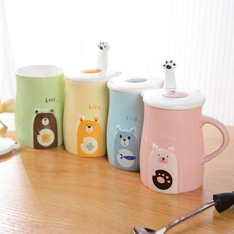 Ly cốc sứ hình gấu cực cute có nắp đậy và thìa dung tích 450ml