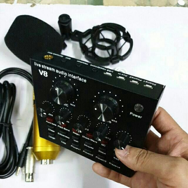 bộ livestream THU ÂM SOUND CARD V8 mic BM900 bluetooth có AUTOTUNE giá rẻ