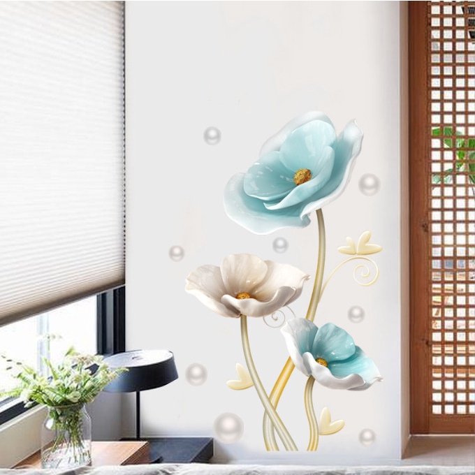 Decal trang trí tường - Hoa hồng xanh và ngọc trai