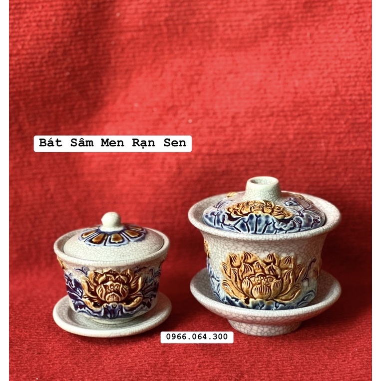 Bát Sâm Men Rạn Bát Tràng, Chén Nước Có Nắp Thờ Cúng Đắp Nổi Men Rạn