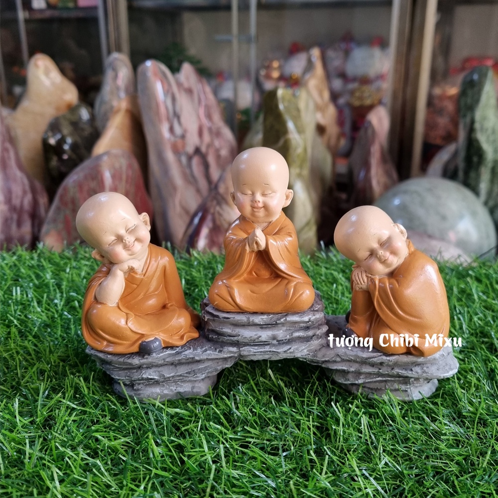 Bộ 03 chú tiểu áo nâu mẫu an nhiên kèm đế giả đá size nhỏ