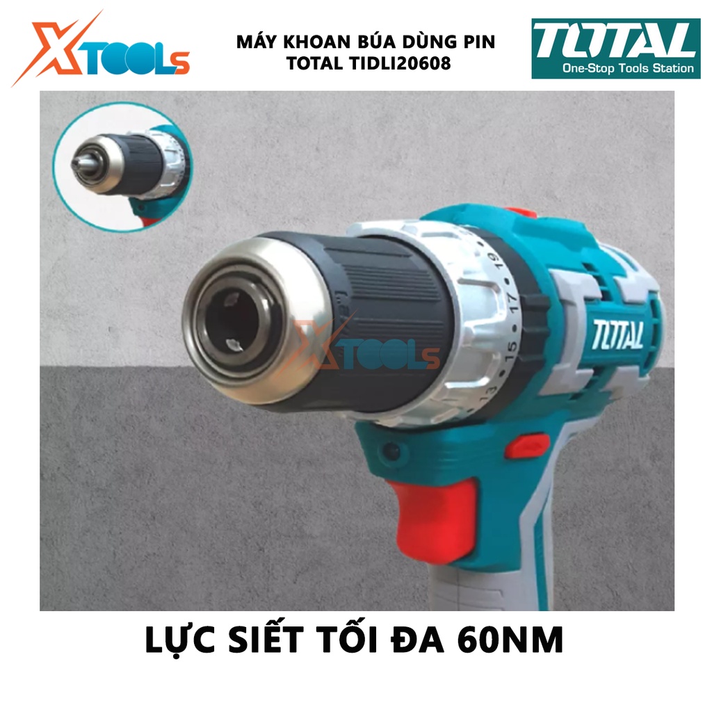 Máy khoan bê tông dùng pin 20V không chổi than TOTAL TIDLI20608 hai tốc độ 450-1900v/p, tốc độ đập 22500bmp, khả năng kẹ