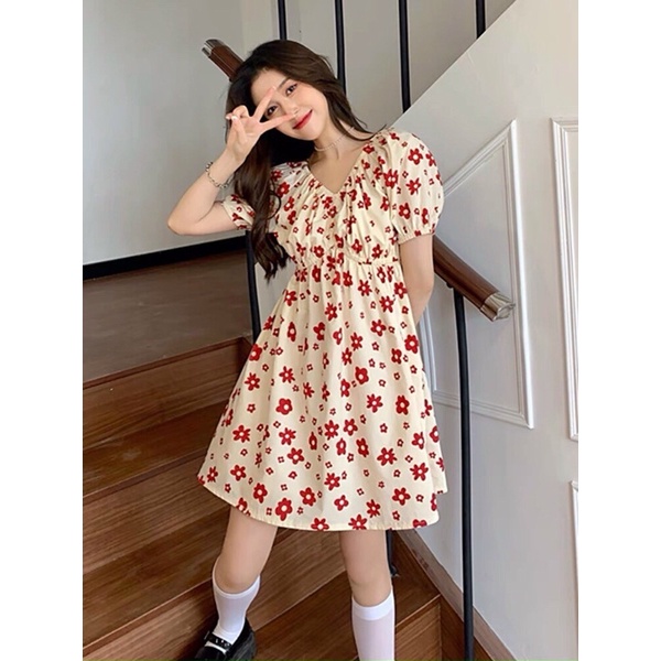 đầm fom ngắn bông lụa kiểu cổ v ngắn tay