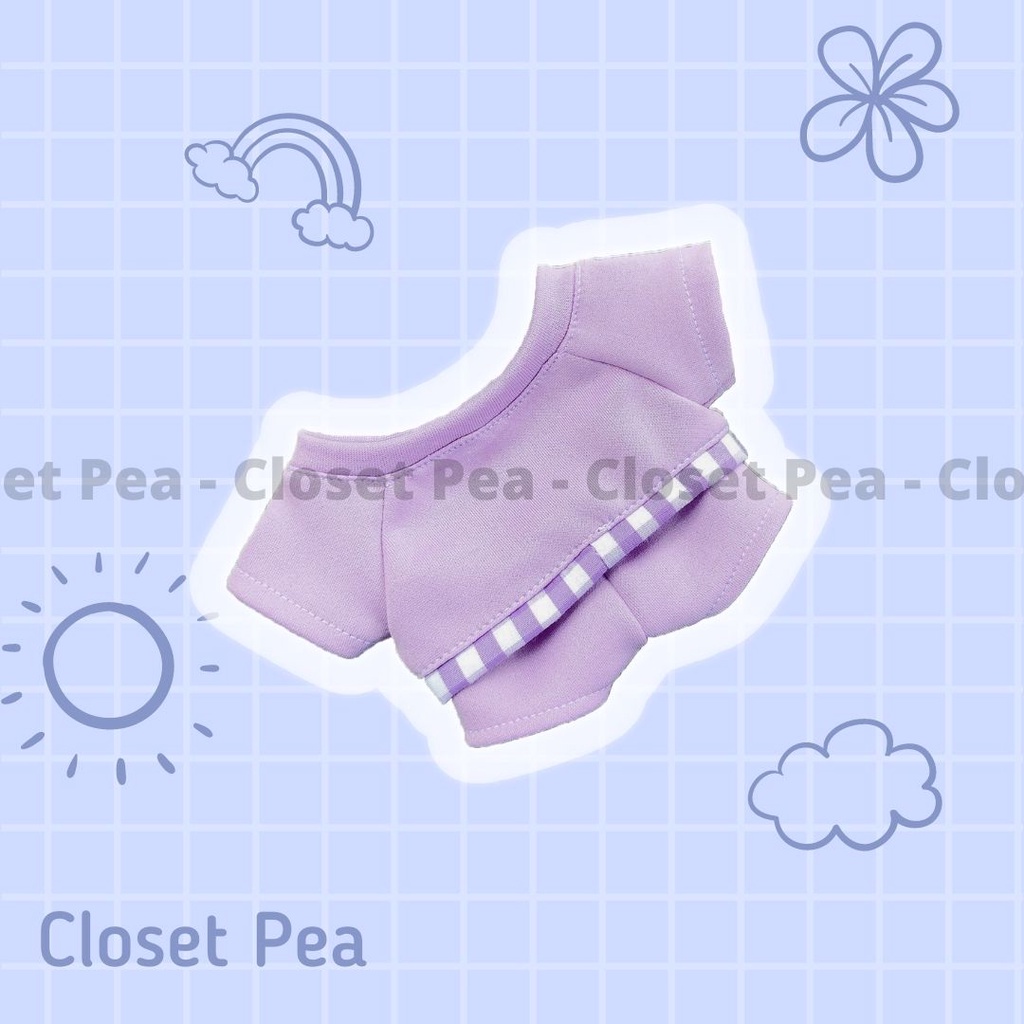 Áo thun tím viền caro và quần cho doll 15cm 20cm