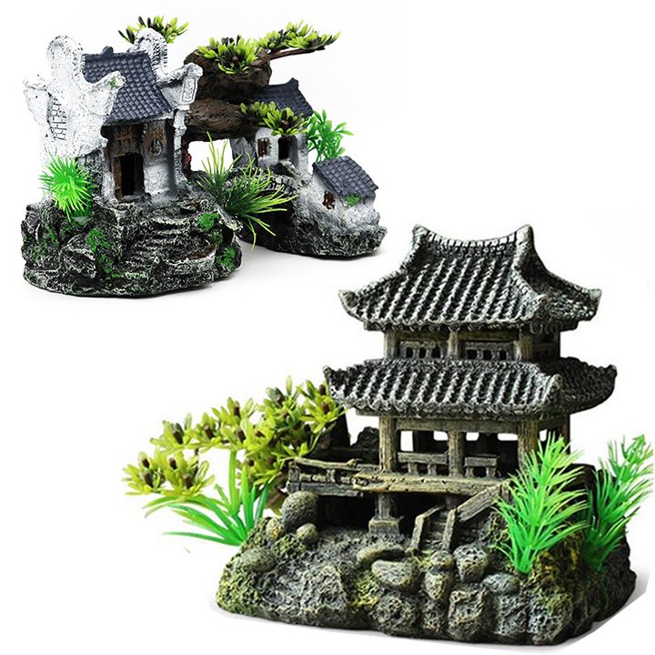 Tiểu Cảnh Nhà Tranh Cổ Trang Trang Trí Bể Cá Nhiều Mẫu Lựa Chọn Chất Liệu Nhựa Resin Giả Đá Siêu Bền