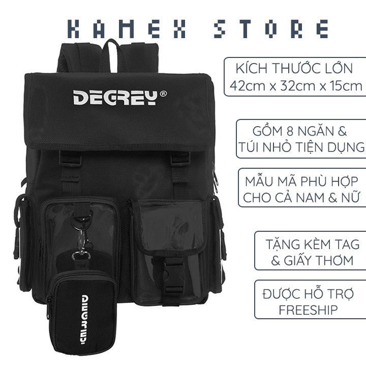 Balo Degrey Đen Nắp Vuông - có kèm túi treo &amp; tag giấy thơm