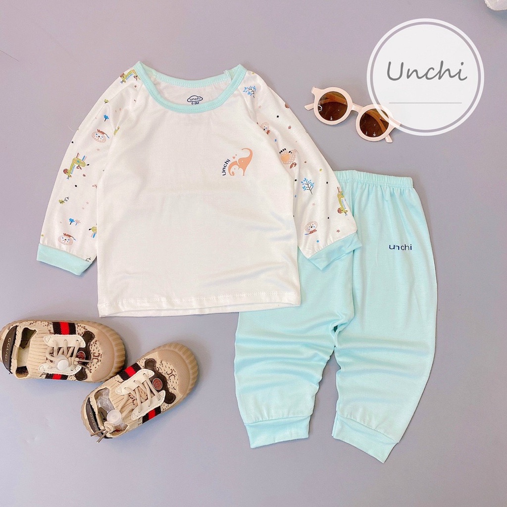 Bộ Dài Tay Unchi Vải Peptit Nền Trắng Quần Màu Cực Mềm Mịn Cho Bé 5-16kg - Umee Kids