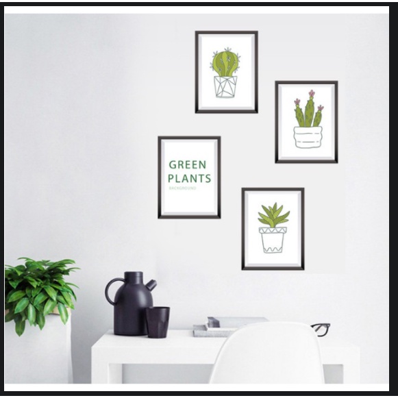 Decal trang trí tường - Khung tranh chậu cây xanh lá