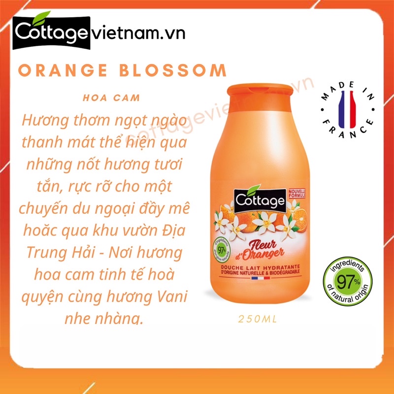 Sữa tắm chính hãng Cottage từ Pháp dung tích 250ml, nhiều hương thơm.