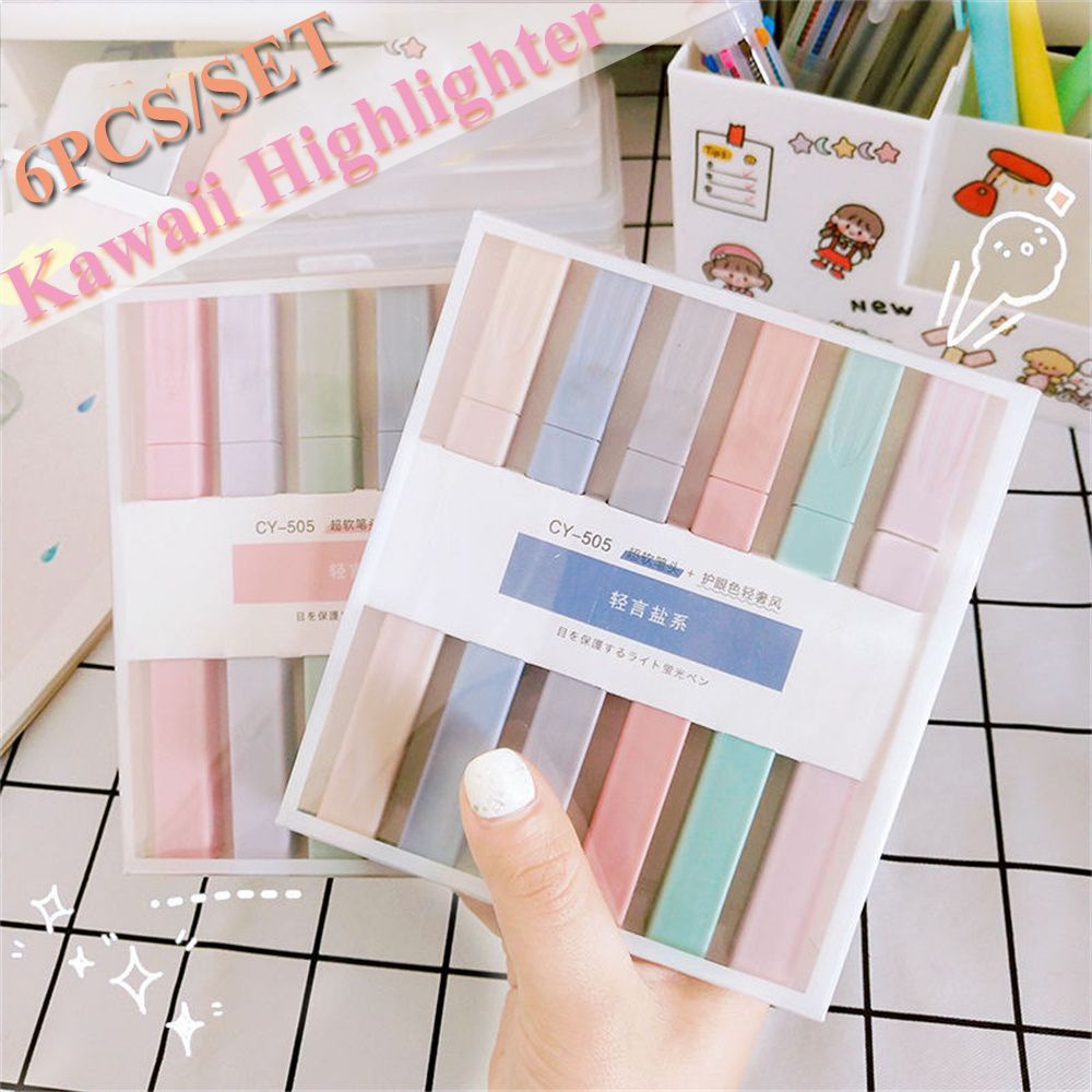 Hộp 6 bút lông màu đánh dấu dạ quang đầu mềm làm album ảnh sổ lưu niệm cho học sinh/ nhân viên văn phòng