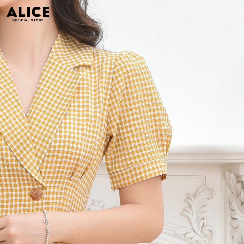 Đầm Thiết Kế Nữ Công Sở ALICE Dáng Dài Xòe Xếp Ly Tay Bồng Cổ Vest Họa Tiết Kẻ Thanh Lịch V667