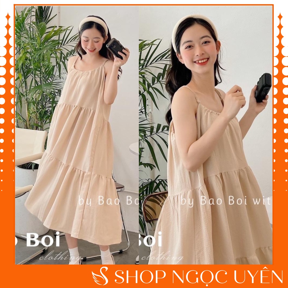 Váy maxi 2 dây 3 tầng đi biển - Đầm maxi babydoll 3 tầng dáng xuông vải đũi mềm mát rộng dài chuẩn mẫu