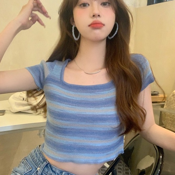 Áo thun ZHELIHANGFEI dệt kim ngắn tay họa tiết kẻ sọc phong cách quyến rũ