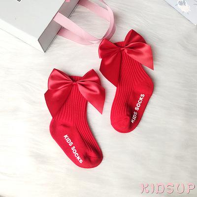 KIDSUP-Kids Cotton Socks, Baby Anti-Slip Medium Tube Socks with Bowknot for Spring Autumn