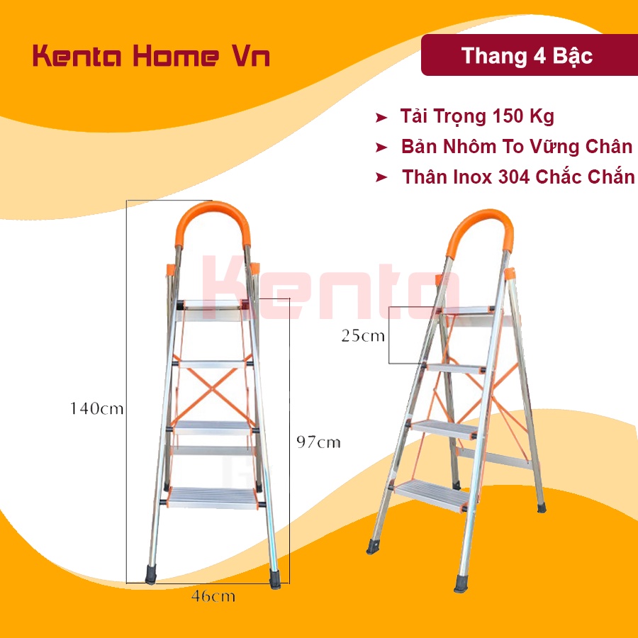 Thang nhôm ghế tay vịn 4 Bậc (Cao 97cm) Khung inox 304 cực kỳ chắc chắn an toàn, Thang nhôm ghế nhập khẩu bảo hành 1 năm