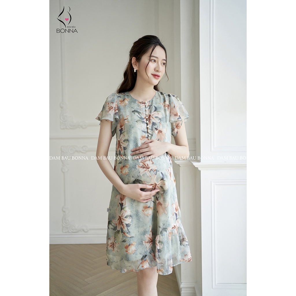 Váy bầu mùa hè BONNA dáng suông nữ tính, chất liệu vải tơ lót lụa cao cấp mềm mại, họa tiết hoa ly xanh bắt mắt V969