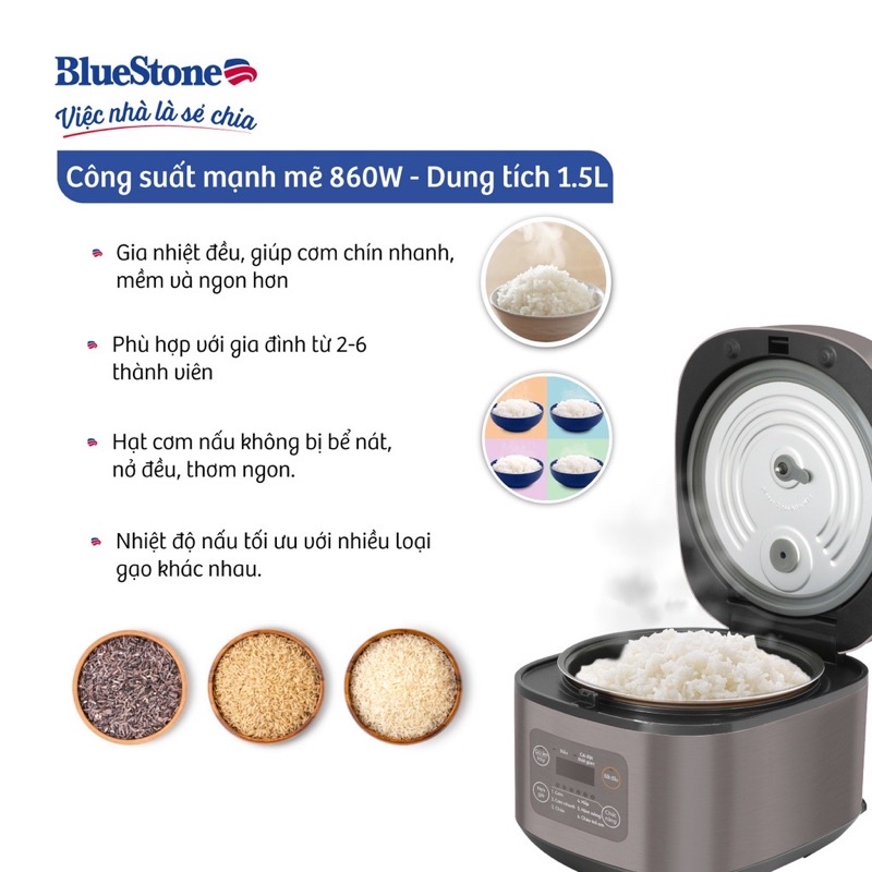 Nồi Cơm Điện Tử Bluestone RCB-5946, 1.5Lit-860W, Bảo Hành Chính Hãng 2 Năm