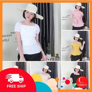 [Freeship] Áo sơ mi nữ cổ vuông tay ngắn nhún bụng