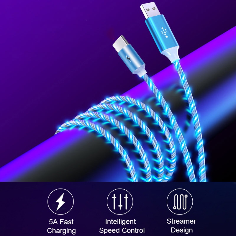 Dây Cáp Sạc Nhanh USB Loại C 5A Có Đèn LED Phát Sáng Nhiều Màu Sắc Dành Cho Điện Thoại Di Động