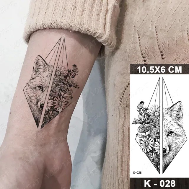 Hình xăm chó sói hoa k028- miếng dán tatoo tạm thời size &lt;10x6cm