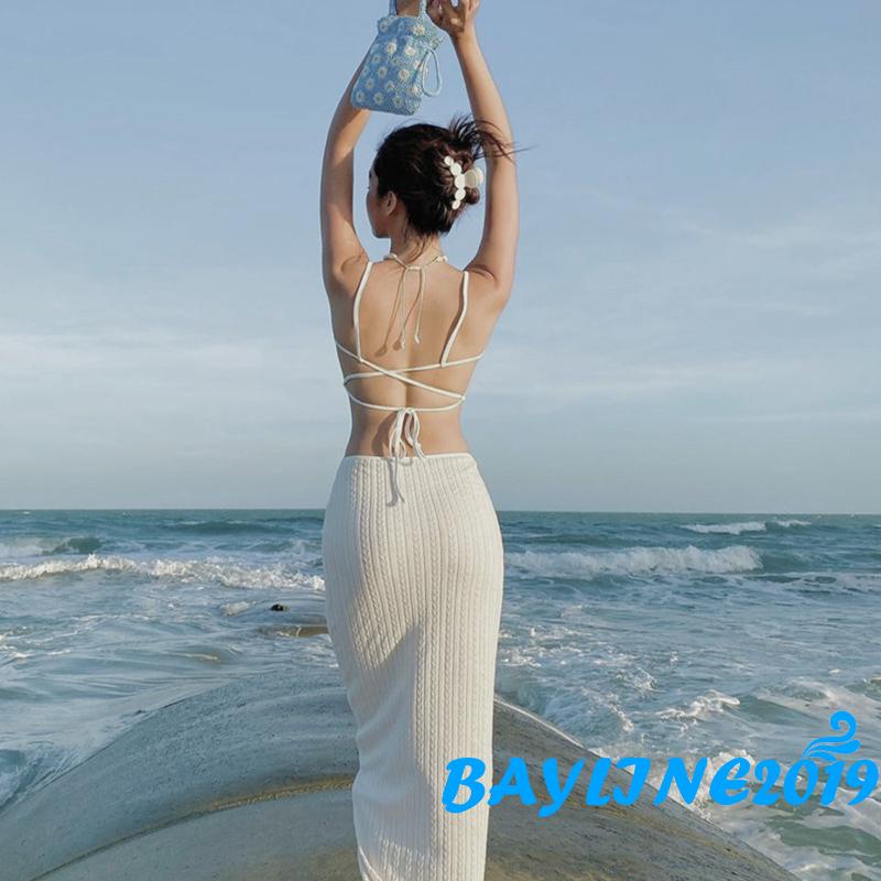 Đầm Dài Hai Dây Ôm Dáng Không Tay Màu Trơn Hở Lưng Cao Thắt Nơ Thời Trang Mùa Hè Cho Nữ