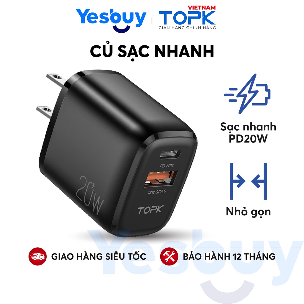 Củ sạc nhanh TOPK B210P Sạc nhanh PD QC 3.0 20W1 Cổng USB 2.0 + 1 Cổng Type C Hàng chính hãng Bảo hành 12 tháng