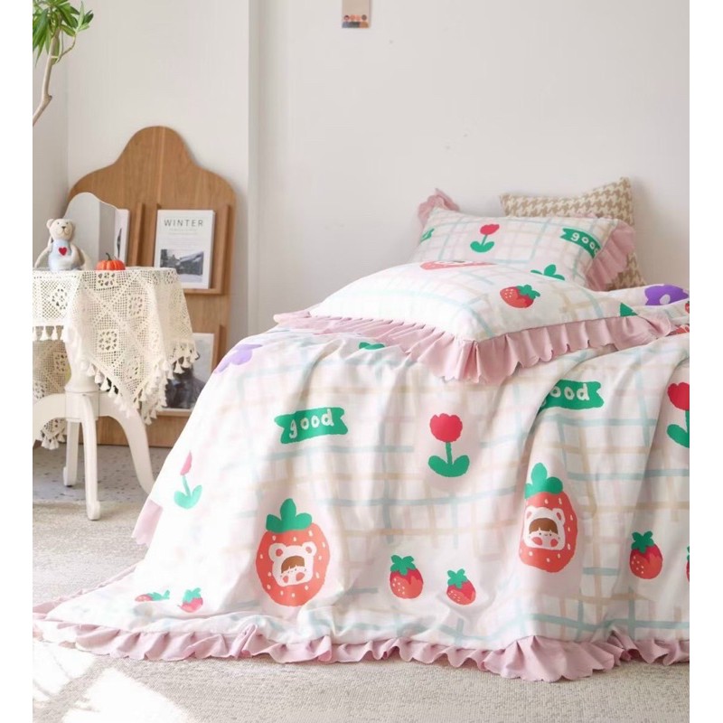 Sét hè cotton đũi chăn trần bông phối bèo ngắn cao cấp Hàn Quốc( tặng kèm vỏ ôm cùng bộ m6)