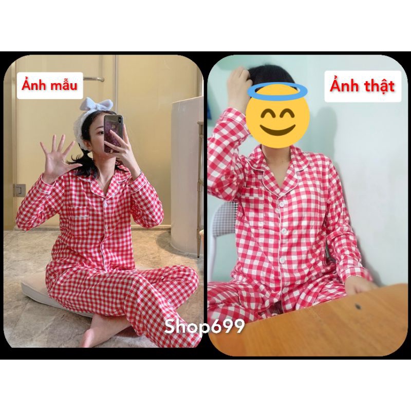 (CÓ SẴN - GIÁ GỐC)BỘ PIJAMA DÀI TAY KẺ CARO PHONG CÁCH HÀN QUỐC