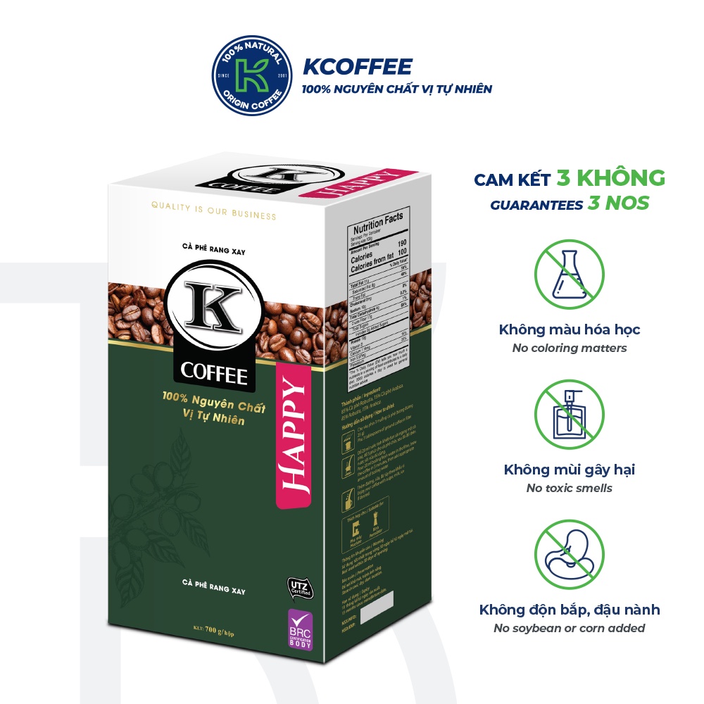 Cà phê rang xay nguyên chất  xuất khẩu K Happy 700g thương hiệu KCOFFEE