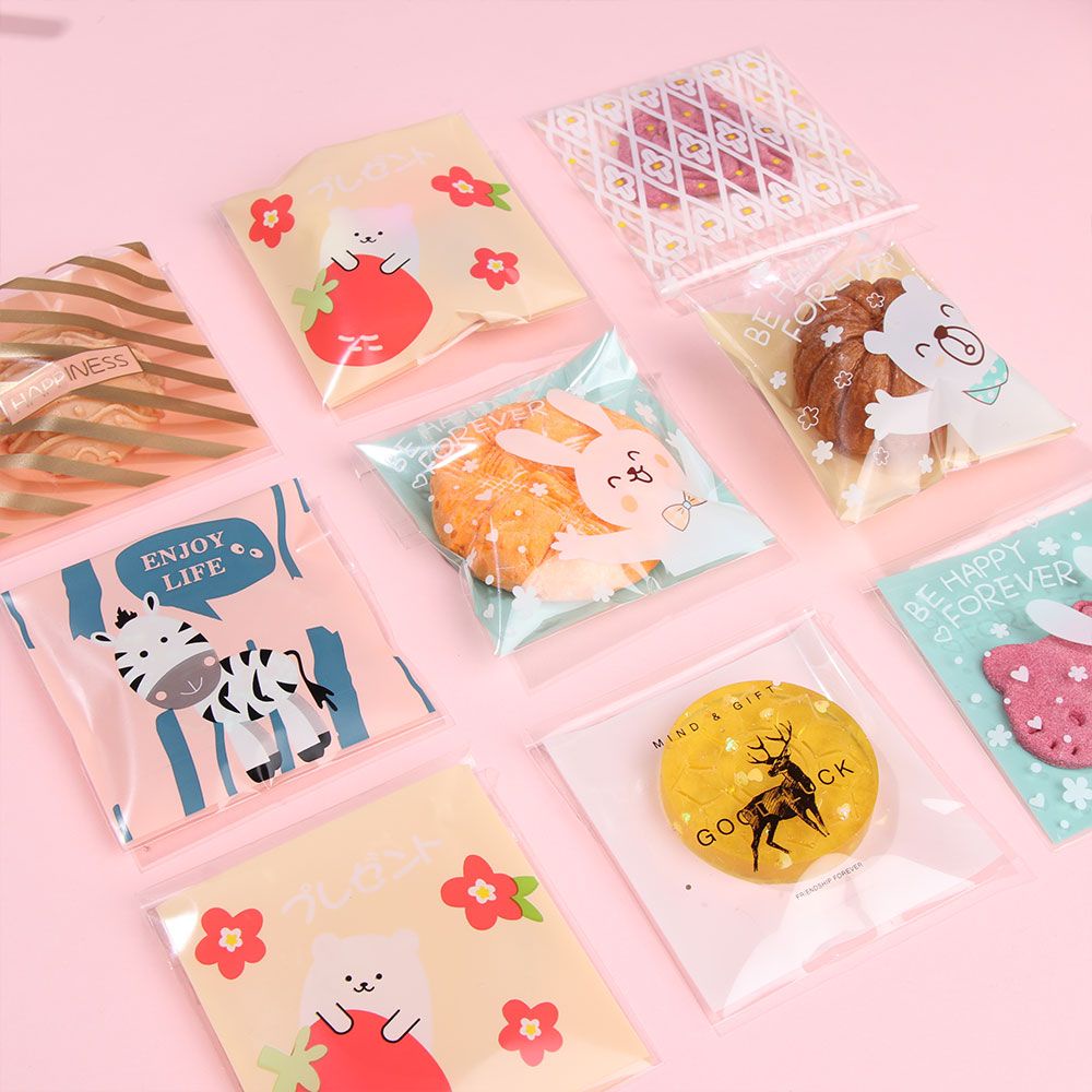 Set 100 Túi Đựng Bánh Quy/ Kẹo In Họa Tiết Hoạt Hình 7*7+3cm Độc Đáo DIY